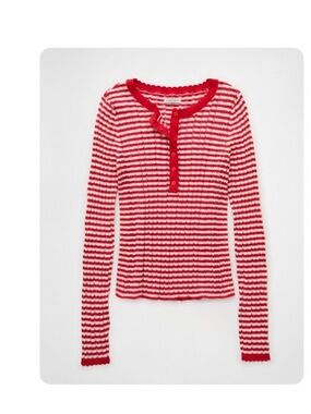 American Eagle Outfitters Red & White Striped Pointelle Henley Sweater